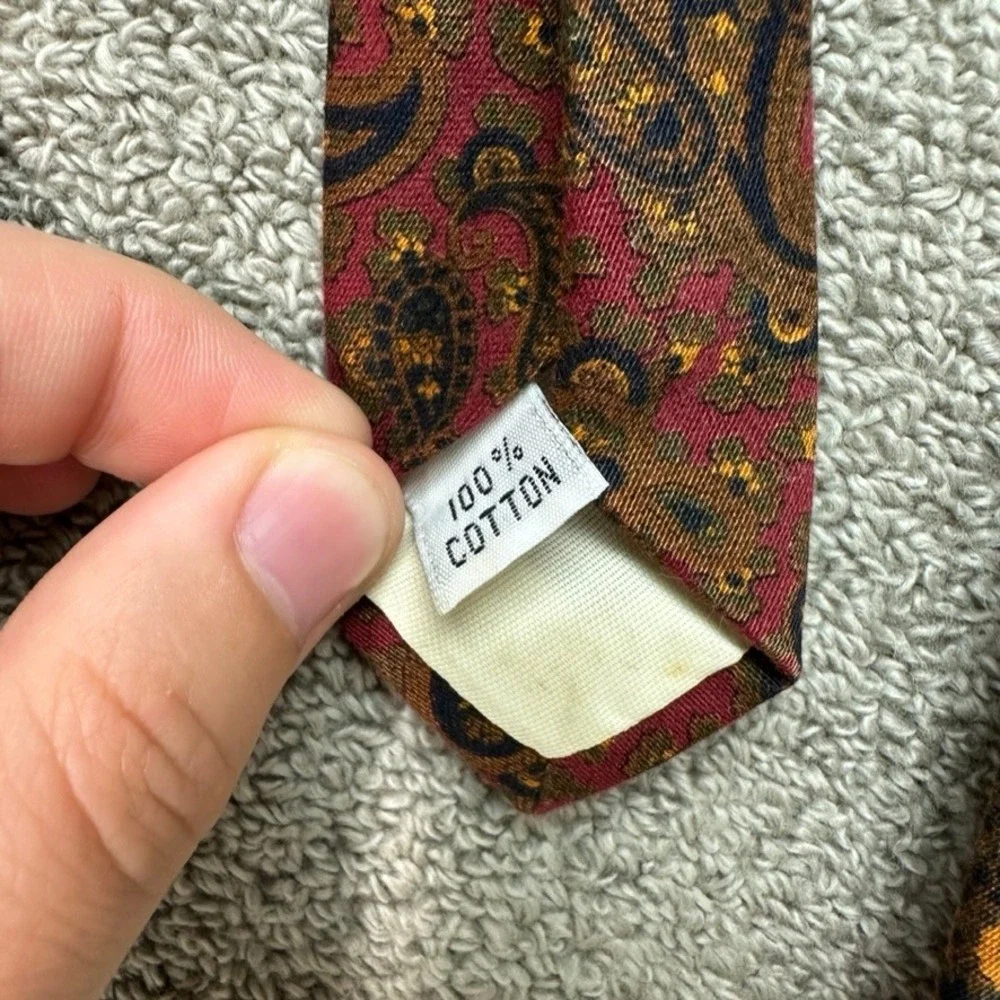 Steve Scheiner Mens Paisley Tie Burgundy Red Olive Green 100% Cotton Vintage